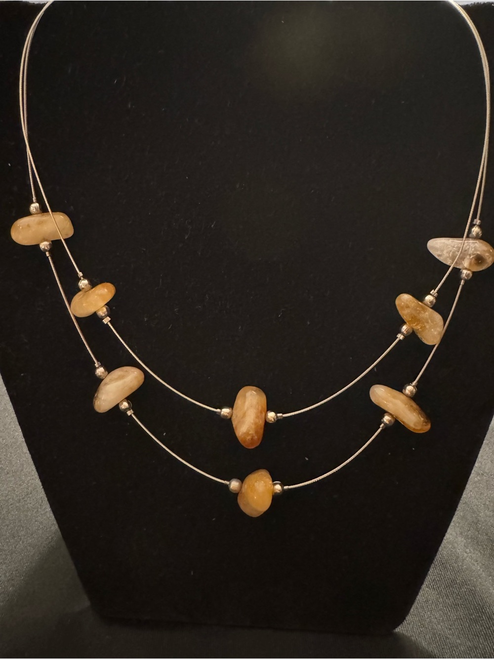 Modern Layered Wire Necklace with Honey Amber-Tone Stones - 16”